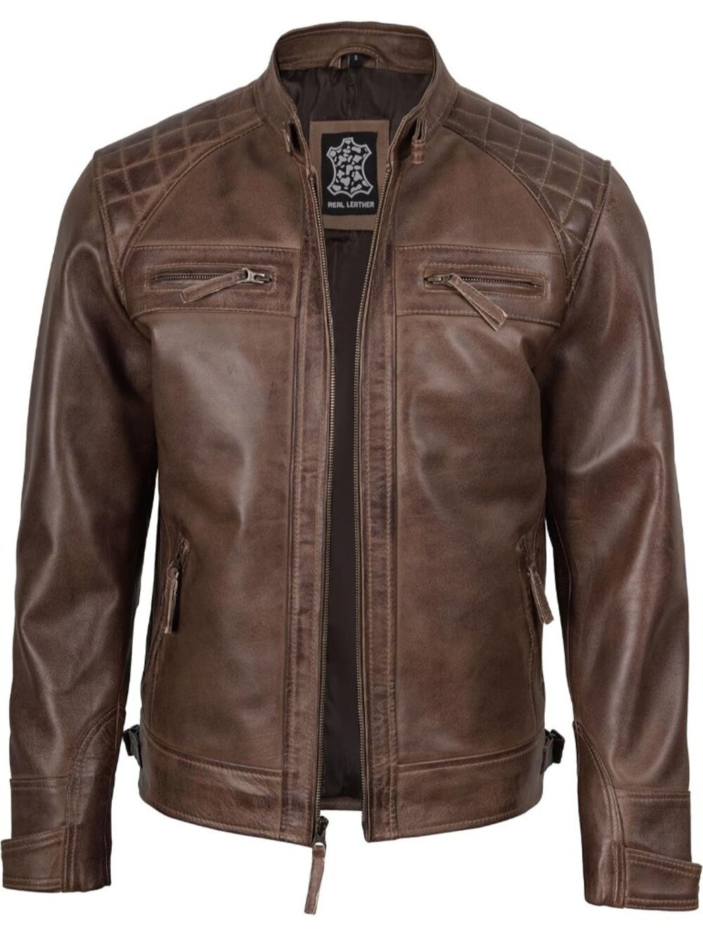 Men’s Coffee Brown Genuine Lambskin Leather Cafe Racer Motorcycle Jacket